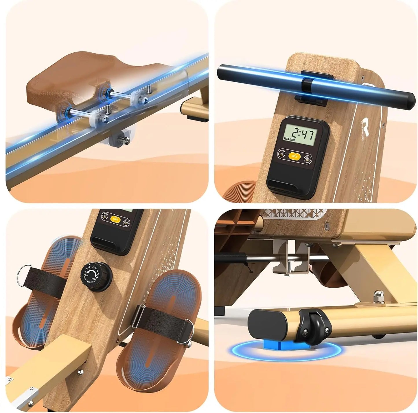 Roeitrainer – Magnetische Roeimachine – Fitnessapparaat – Thuisfitness – Workout – 16 Weerstandsniveaus – Bluetooth Met LCD-scherm - Lichtgeel