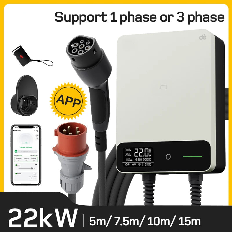 Wallbox 22kW – Laadstation – Oplaadpunt – EV Charger – Elektrische Auto Oplader – 5 Meter Type 2 Kabel – Slimme Wi-Fi Bediening – Robuuste IP54 Behuizing