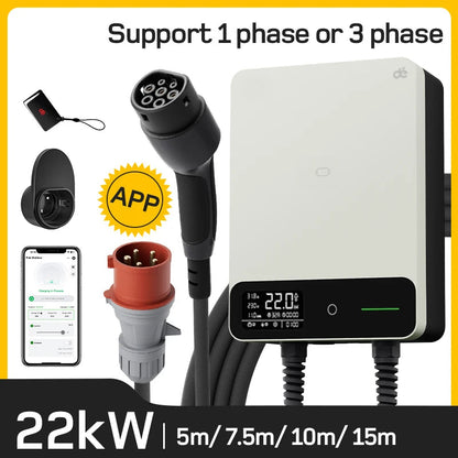 Wallbox 22kW – Laadstation – Oplaadpaal – Laadpunt – EV Laadstation – 7,5 Meter Type 2 Kabel – Wifi Smart App Bediening – Weerbestendig IP54/IP55