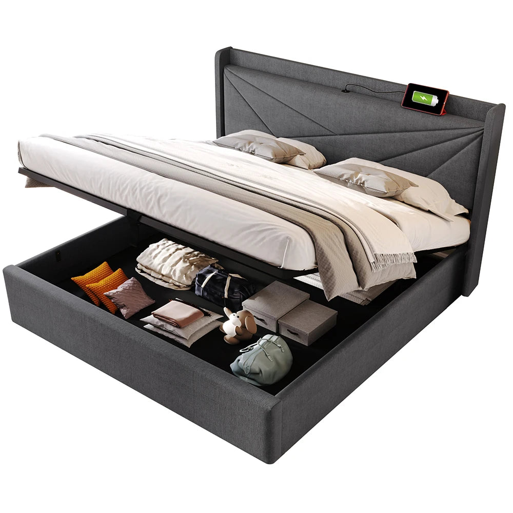Bed – Tweepersoonsbed – Gestoffeerd Bed – Opbergbed – Linnen Bedframe – Donkergrijs – 160x200 cm – Met USB-C Oplaadfunctie – Met Grote Opberglade
