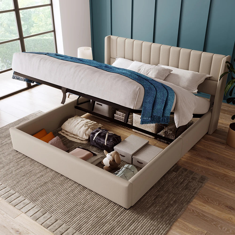 Gestoffeerd Bed – Tweepersoonsbed – Opbergbed – Bed met Nachtkastjes – Fluwelen Bed – 180x200 cm – Met Leeslampjes en USB Oplaadfunctie - QUORE