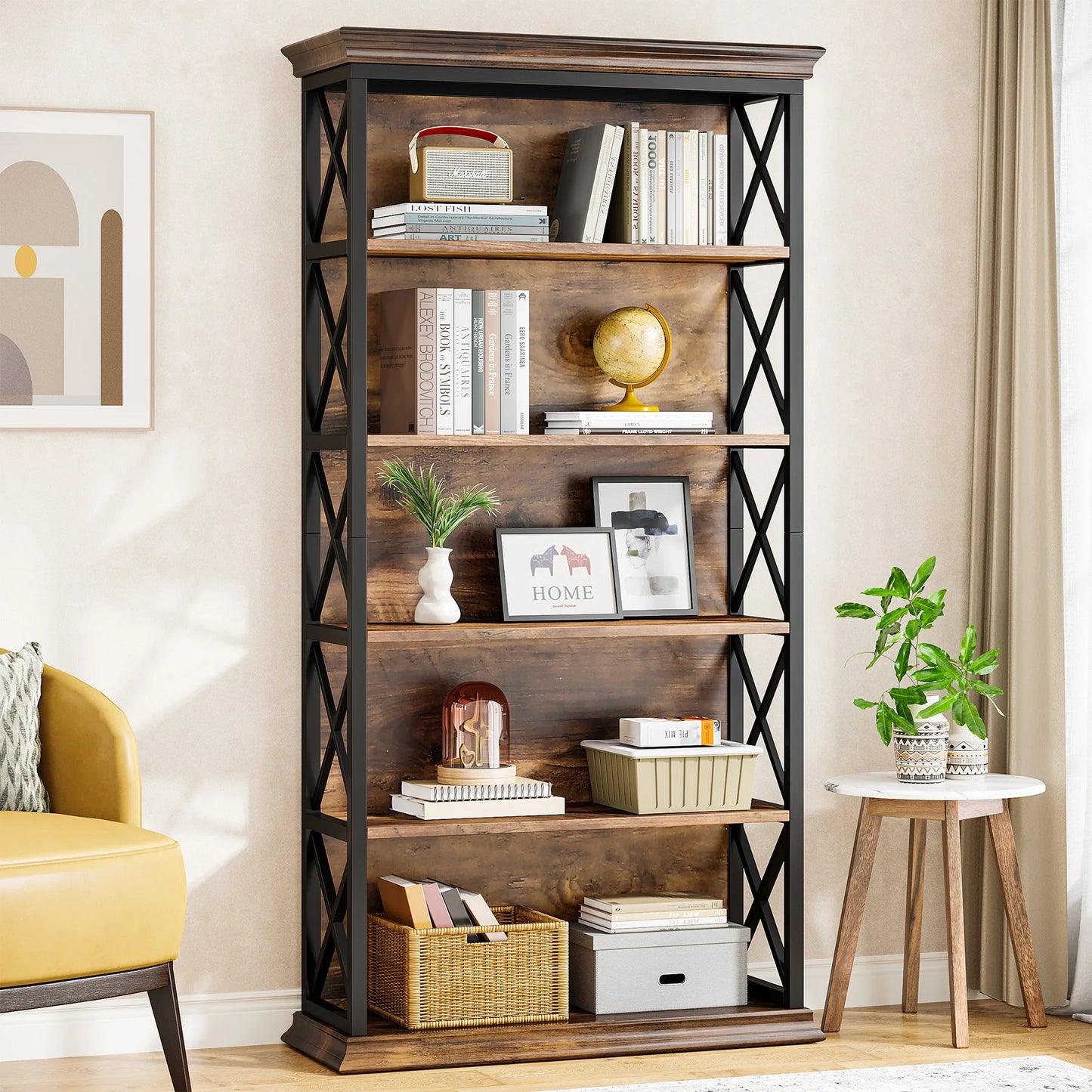 Boekenkast – Wandplank – Boekenrek – Wandrek – Boekenplank – 6 Laags – Industrieel Metaal & MDF – 180 cm Hoog – 25 kg Draagkracht Per Plank - QUORE