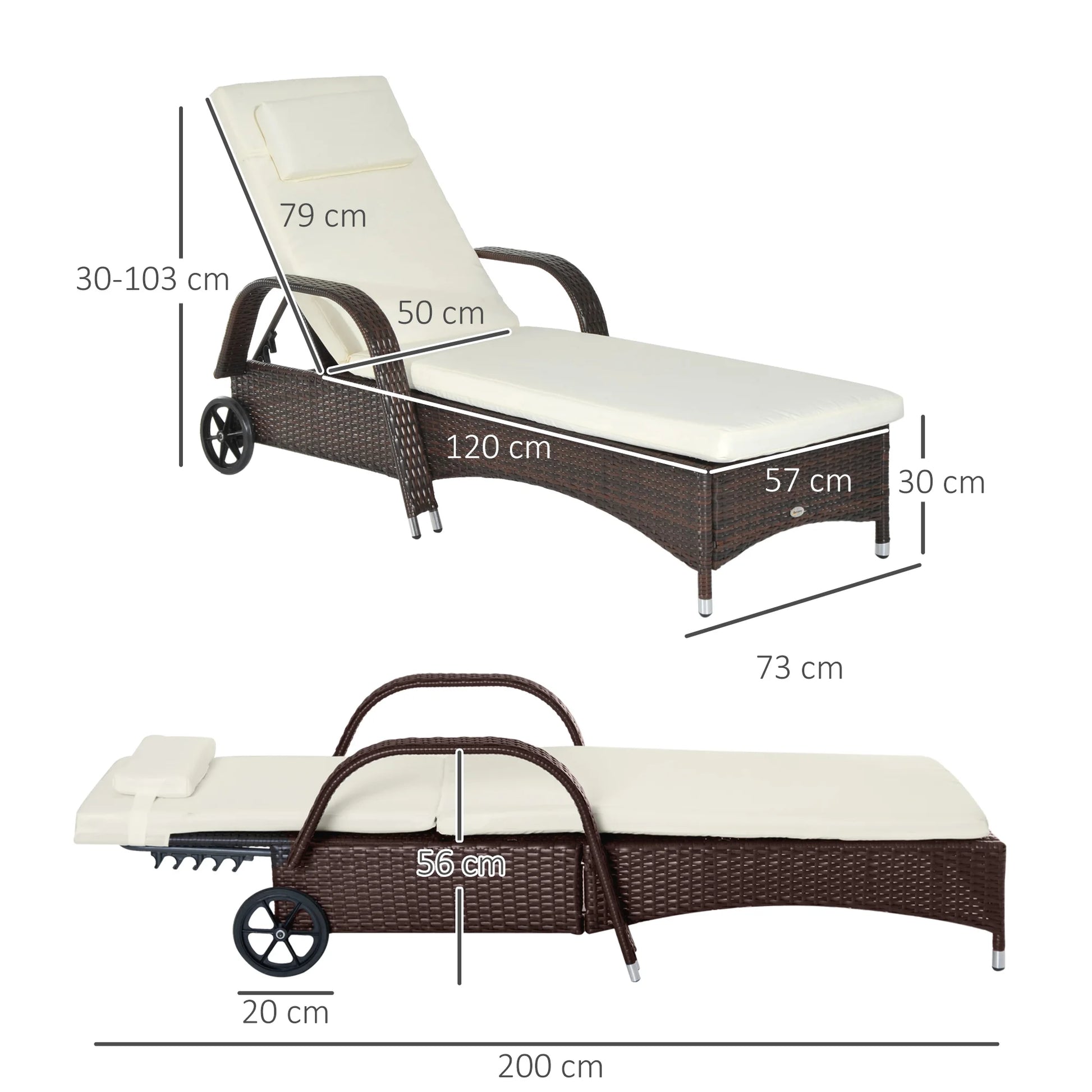 Rattan Tuin Lounger met Verstelbare Rugleuning en Kussens - 2 Wielen - Bruin Outdoor Zonnebed - QUORE