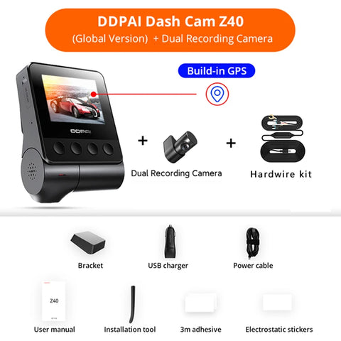 Dual Dashcam 2.7K 1944P – Auto Camera Recorder – 360° Draaibaar – Sony IMX335 Sensor – Wifi & GPS Tracking – 24H Parkeermodus – H.265 Video – Hardwire Kit – Zwart