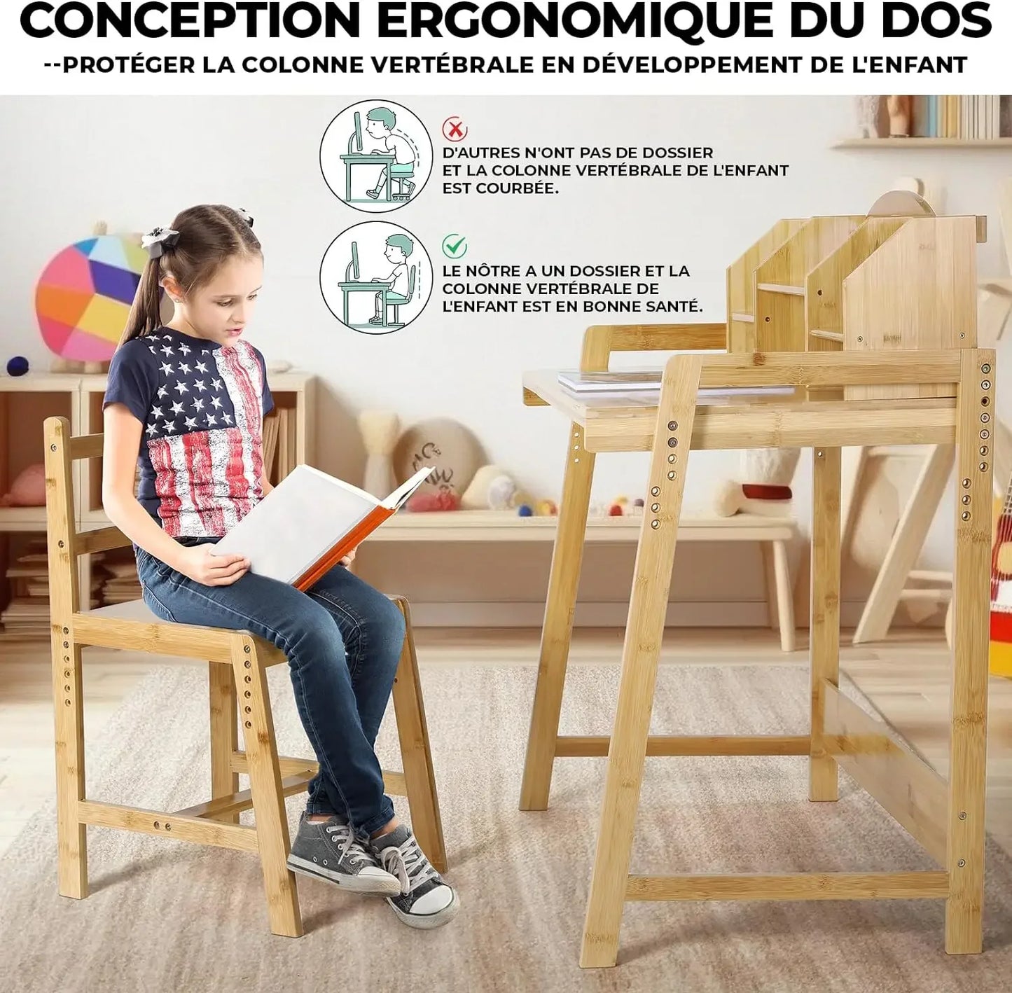 Kinderbureau met Stoel – Verstelbare Kindertafel en Kinderbureaustoel – Met Opbergruimte – Bamboe – 95x80x50 cm – Geschikt voor Kinderen van 3 tot 10 Jaar