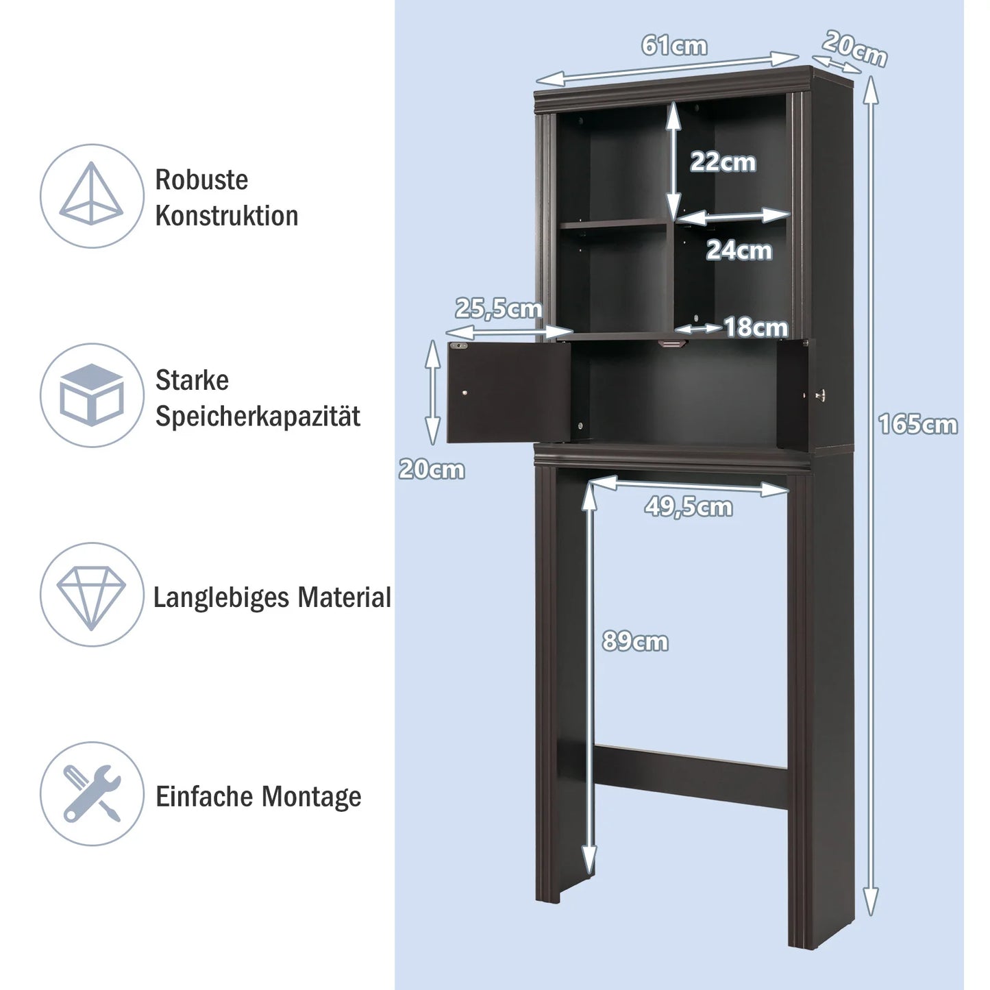 3-Lagen Toiletrek – Ruimtebesparend Badkamerrek met 4 Open Vakken & Verstelbare Planken – Wasmachine Rek voor Badkamer – Hout – 60x20x165 cm – Bruin