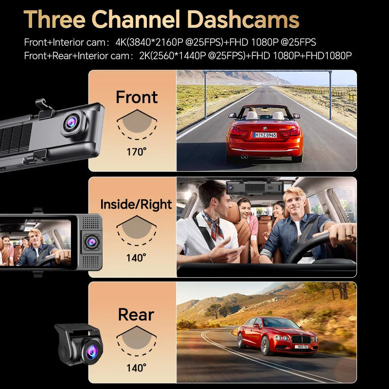 Dashcam voor Auto - WiFi - Dashcams - FullHD video - Met 3 camera's - Super compact - 16:9 - 10.26 inch Scherm - Zwarte doos GPS - Zwart