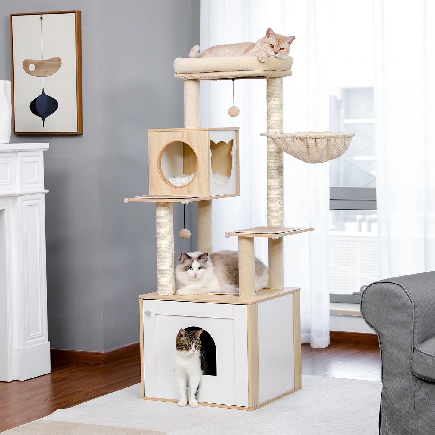 Kattenboom - met Kattenbak Kast – Houten - met Opslagkast - Kattenhuisje - en Sisal Krabpalen – Grote Kattenmeubel voor Binnen – Stabiel en Multifunctioneel - Meerdere Verdiepingen - Arbre a Chat - Beige - QUORE