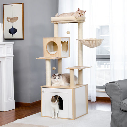 Kattenboom - met Kattenbak Kast – Houten - met Opslagkast - Kattenhuisje - en Sisal Krabpalen – Grote Kattenmeubel voor Binnen – Stabiel en Multifunctioneel - Meerdere Verdiepingen - Arbre a Chat - Beige - QUORE