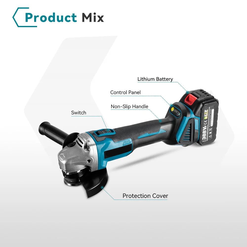 Accu Haakse Slijper - 125 mm - Draadloos Slijptol - 18V - Brushless Motor - 8500 RPM - 3000W - 3 Snelheden - Voor Slijpen - Snijden - en Polijsten - Compact en draagbaar - Zonder Accu - QUORE