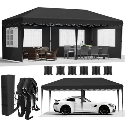 Partytent - Partytenten - Tuinpaviljoen - Paviljoen - Easy up Partytent - 3x6m - Waterdicht - met Zijwanden - UV50+ Bescherming en Zandzakken – In Hoogte Verstelbaar - Tent - Zwart