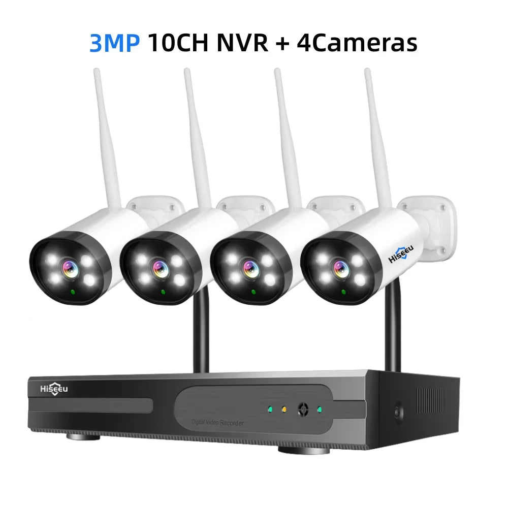 Hiseeu - WNKIT-4HB613 - Security Camera System - 8CH - 3MP - PTZ System - Outdoor - Surveillance Camera - AI Human Detection - Security Camera - Security Camera System - Alexa - NTSC,PAL - 4 Pieces - White