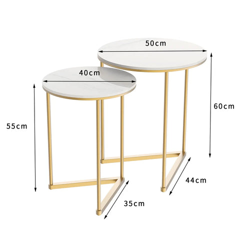 Ronde Bijzettafels - Tafeltje - Salontafels - Set van 2 - Marmerlook - Gouden Metalen Frame - Nesting Tafels - Anti-vervorming - Ruimtebesparend - Wit