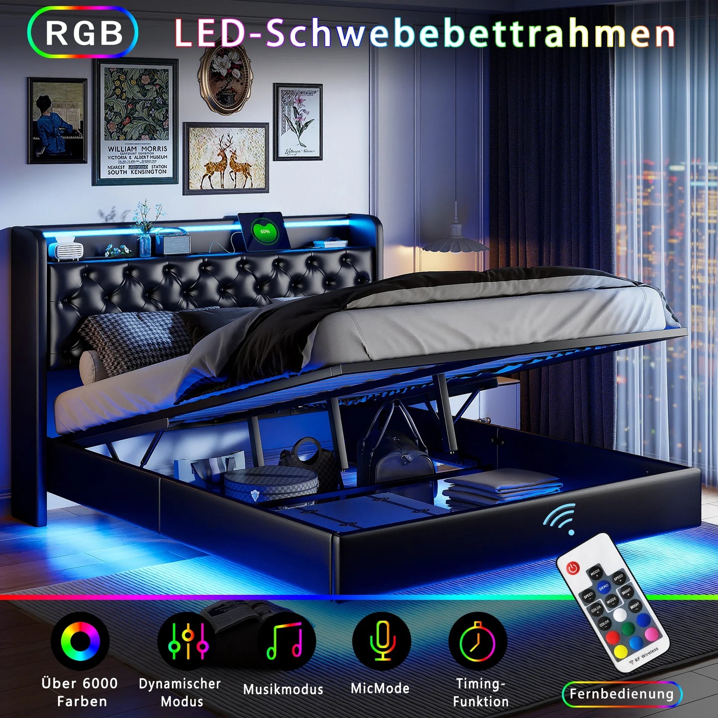 Rosahqnda Polsterbett, Doppelbett mit USB-Ladefunktion, LED-Beleuchtung, Kopfteil mit Stauraum,Versteckte Bettfüße, Leder-Finish