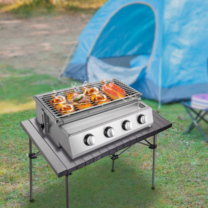 Gasbarbecue - BBQ-grill - Rookloze Barbecue - met 4 Individuele Branders - Hoogte Verstelbaar - Hoogwaardig materiaal - Snelle verwarming - Groot kookoppervlak - Eenvoudig schoon te maken - RVS - 58 x 40 x 20 cm -Zilver