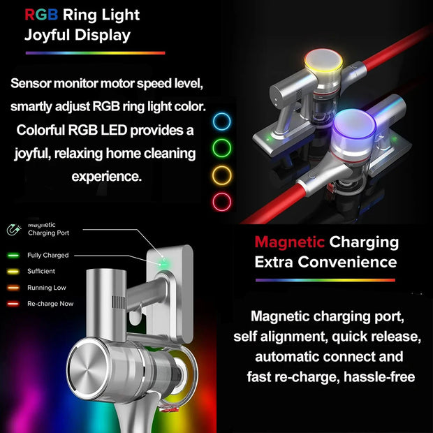 Cordless Stick Vacuum Cleaner - Stick Vacuum Cleaner - Vacuum Cleaner - Cordless Stick Vacuum Cleaner - Powerful Suction - 19500Pa - RGB Ring Light - Magnetic Charging Port - Red
