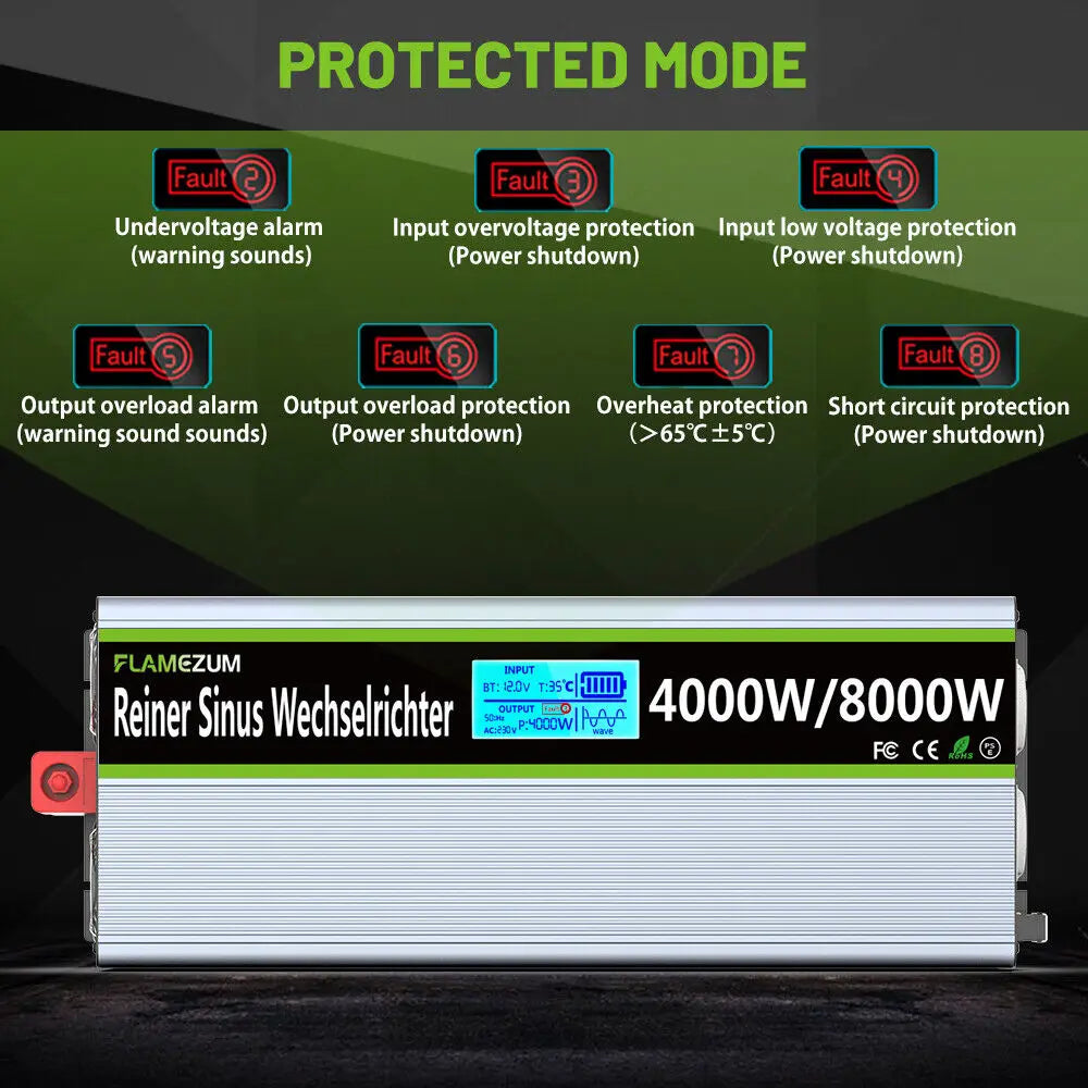 Omvormer – Spanningsomvormer – Inverter – Stroomomvormer – Converter – 4000W Continu Vermogen – Zuivere Sinusgolf Met Dual USB & Afstandsbediening - QUORE