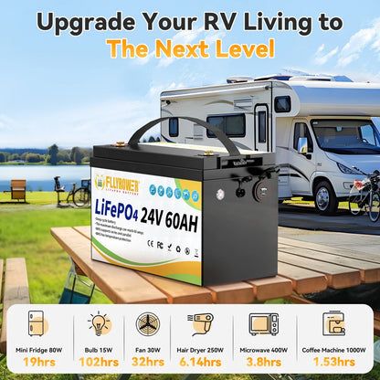 FLLYROWER 24V 60AH LiFePO4 Battery Pack With 60A BMS 8000+ Cycles For RV Campers Off-Road Off-grid Solar Wind Lithium Battery