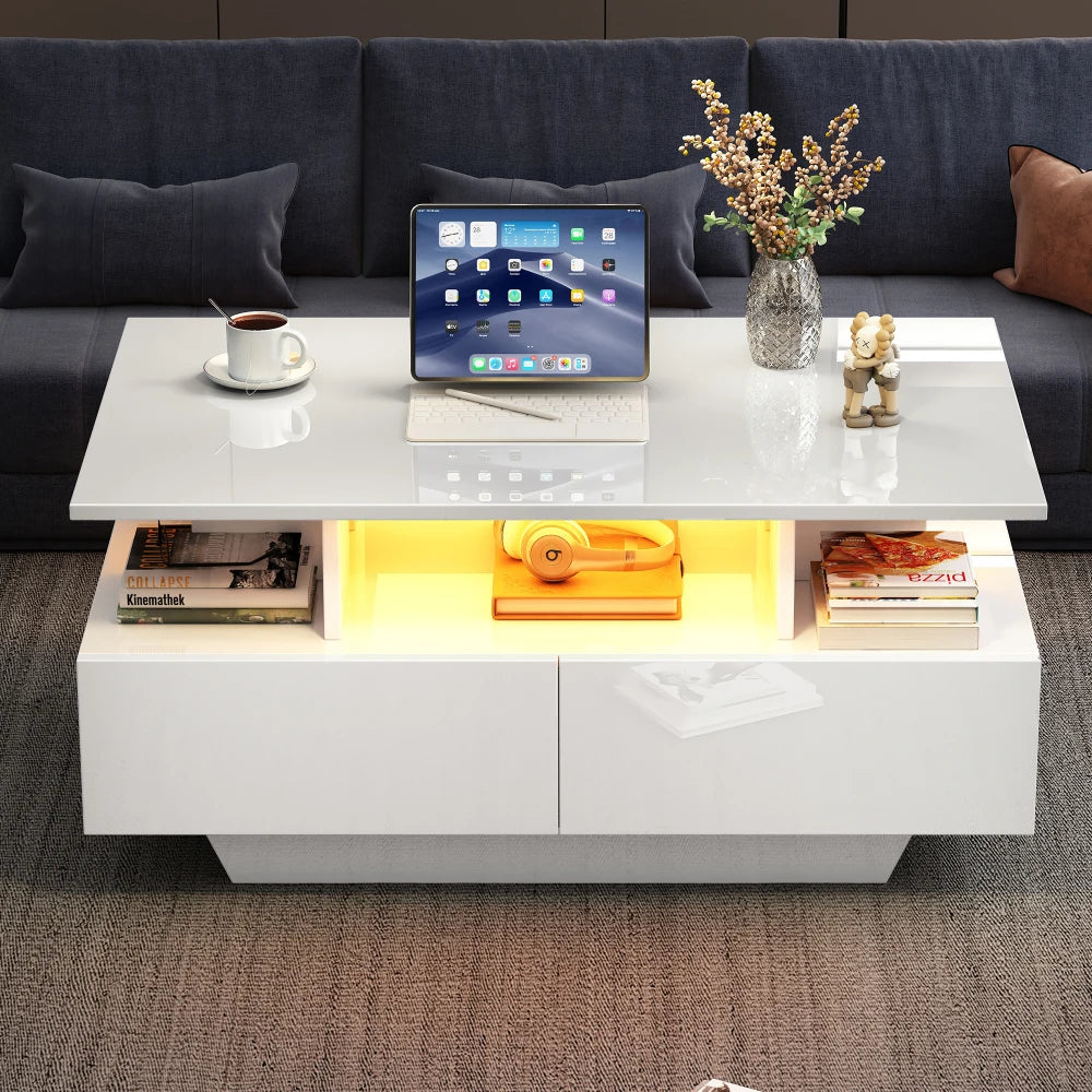 Salontafel – Koffietafel – Tafel – Theetafel – Bijzettafel – Hoogglans Wit – LED-verlichting en 2 Laden – 90x55x41 cm – Belastbaar tot 30 kg