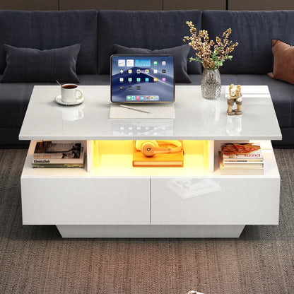 Salontafel – Koffietafel – Tafel – Theetafel – Bijzettafel – Hoogglans Wit – LED-verlichting en 2 Laden – 90x55x41 cm – Belastbaar tot 30 kg