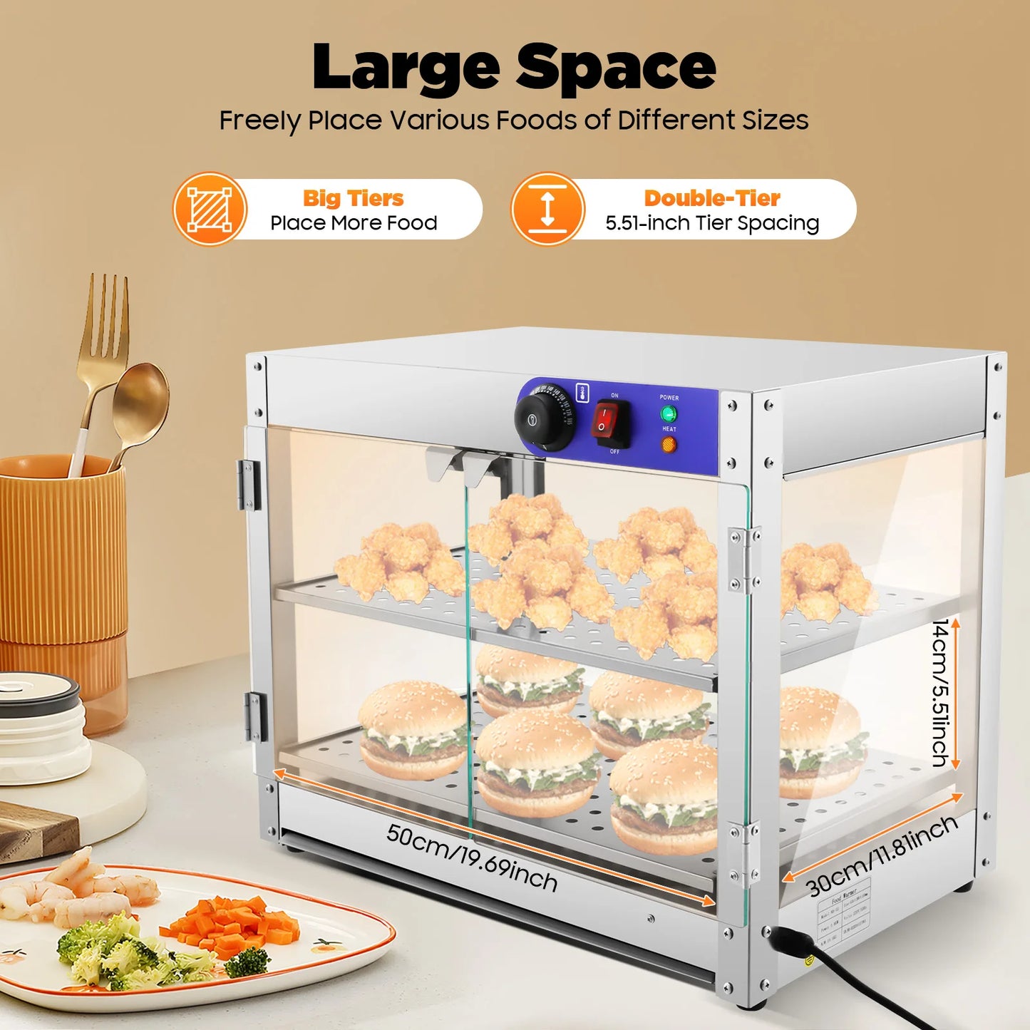 Warmhoudkast – Warmhoudkast Horeca – Voedselverwarmer – Snackverwarmer – Roestvrij Staal – 800 Watt – Dubbel Plateau