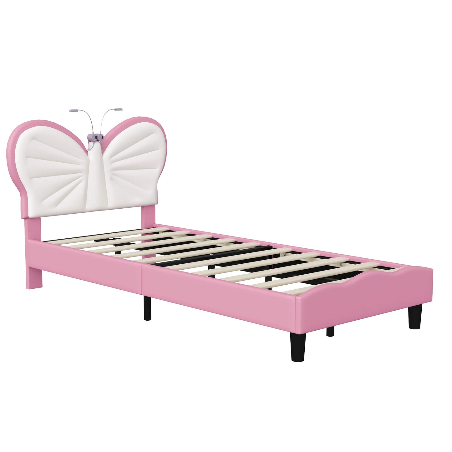 Kinderbed – Jongenskamerbed – Peuterbed – Eenpersoonsbed – Meisjesbed – Roze Variant – Vlinderhoofdbord Met Velvet Bekleding – Geïntegreerd LED Leeslampje - QUORE