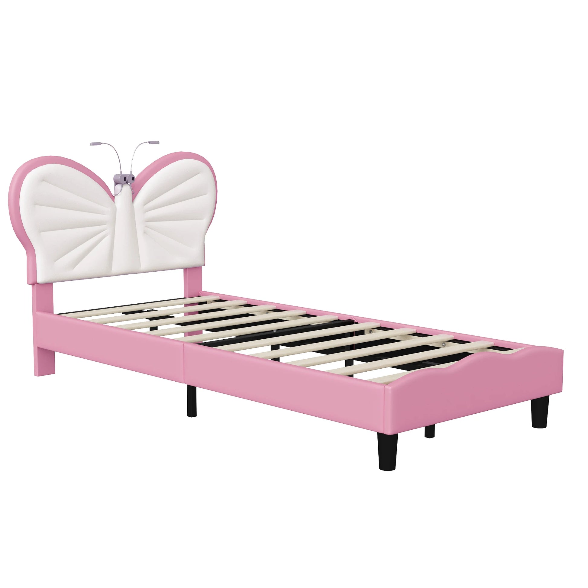 Kinderbed – Jongenskamerbed – Peuterbed – Eenpersoonsbed – Meisjesbed – Roze Variant – Vlinderhoofdbord Met Velvet Bekleding – Geïntegreerd LED Leeslampje - QUORE
