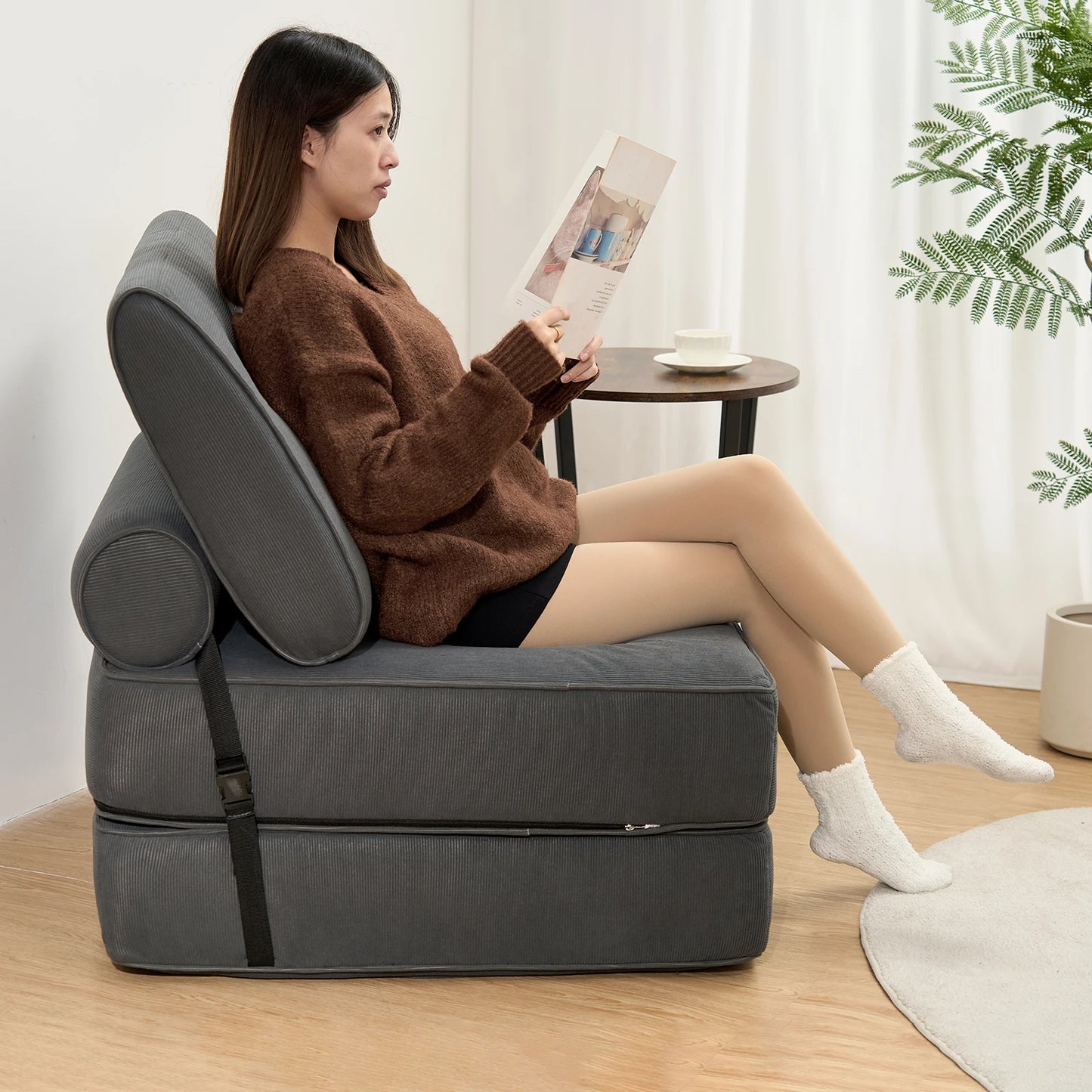 Vouwbank – Slaapbank – Uitklapbare Bank – Sleeper Chair – Zitbank – Donkergrijs – Compact Formaat – Corduroy-achtige Stof – Virgin Foam Matras