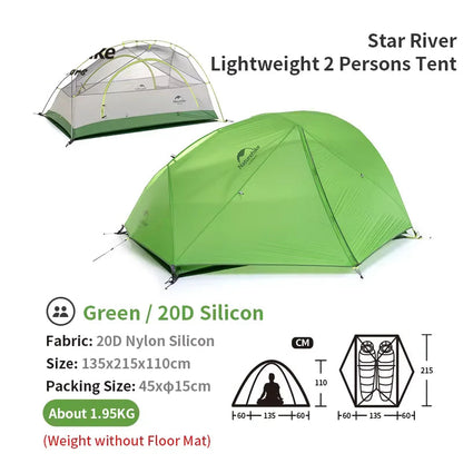 Ultralichte 2-Persoons Tent – Tweepersoonstent – Kampeertent – Trekkingtent – Buitentent – Waterdicht tot 4000 mm – Compact en Lichtgewicht – Groen