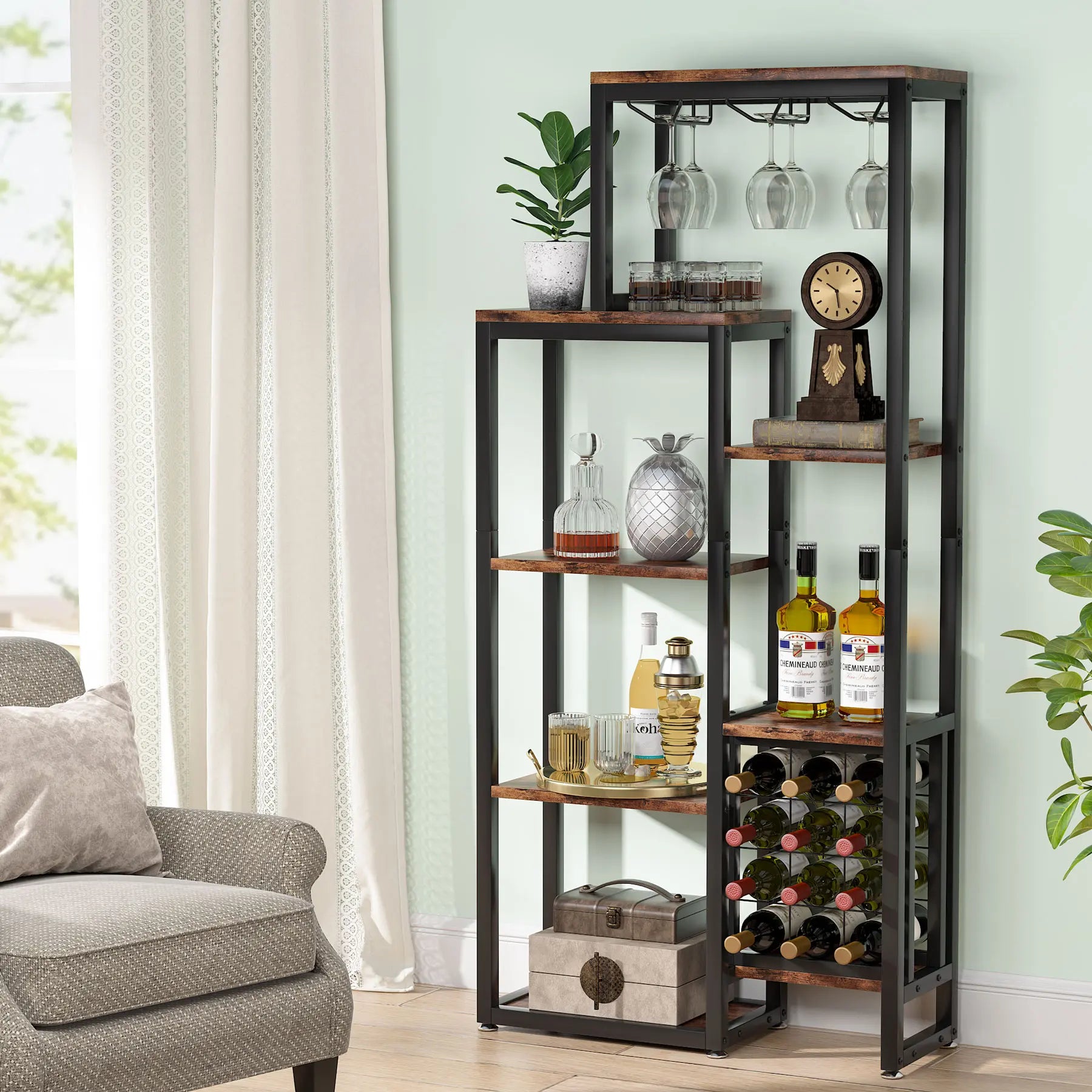 Wijnrek – Wijnhouder – Wijnflessenrek – Glazenhouder – Vloerstaand – 12 Flessen – 3-in-1 Ontwerp - Bruin - QUORE