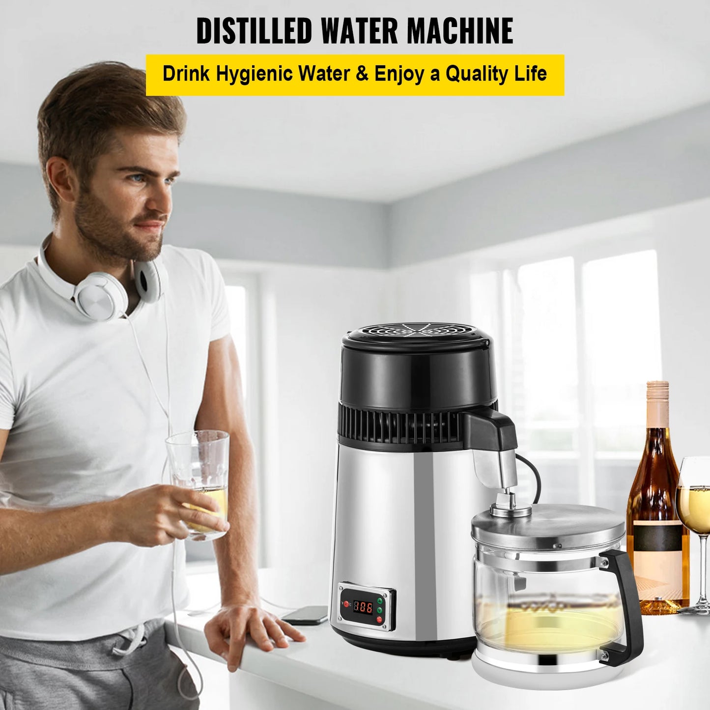 VEVOR 4L Water Distiller Purifier Filter Dispenser Drinking Bottle Softener Dual Temp Display Overheat Protection Home Appliance