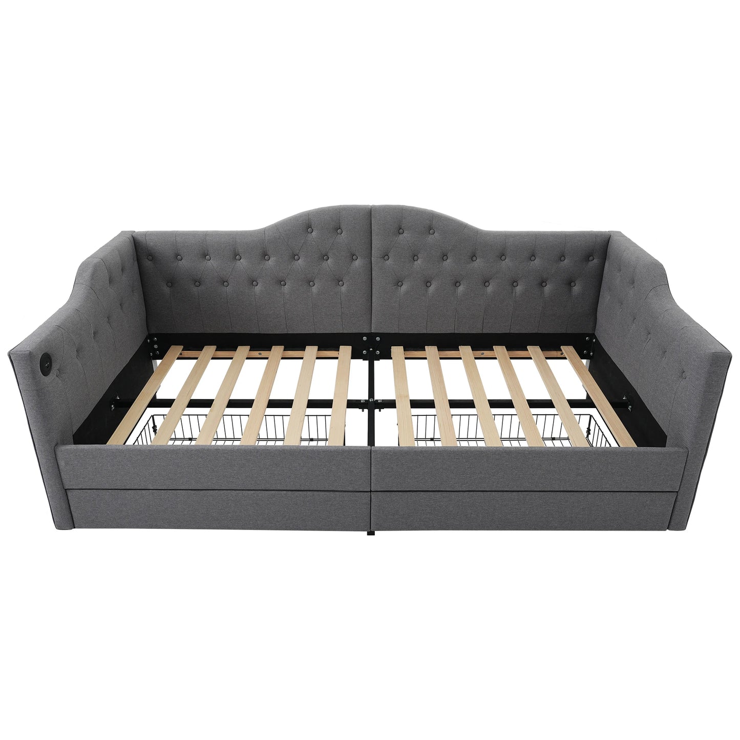 Dagbed – Slaapbank – Bedbank – Kinderbed – Grijs Linnen – Met Opberglades – USB Type-C Poorten