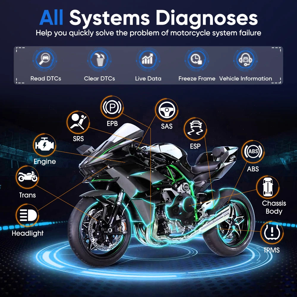 Motor Diagnose Tool – Motorfietsen Scanner – Foutcode Lezer – OBD2 Scanner – 7-Inch Touchscreen – 35+ Onderhoudsfuncties