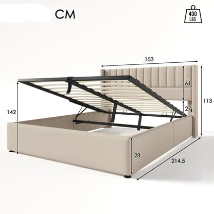 Bed Met Opbergruimte – Bedframe – Slaapbed – Opbergbed – Beige – Massief Hout – 140x200 Cm Matras