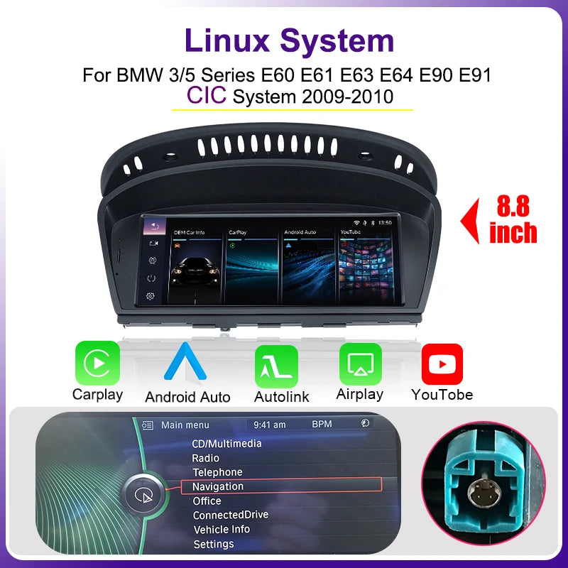Autoradio BMW 3/5 Serie – Multimedia Speler – Navigatiesysteem – Touchscreen Radio – CarPlay Android Auto – 8,8 Inch Scherm – Draadloze Connectiviteit - QUORE