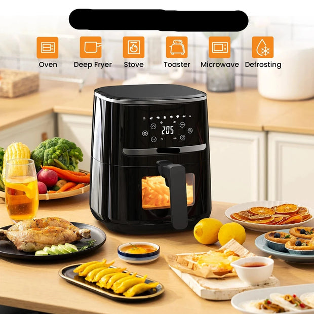 Digital Airfryer - PFAS free - Large 5 Liter - Hot air fryer - Black - Digital screen - 8 Presets - Including height-adjustable Grill rack - 2000W