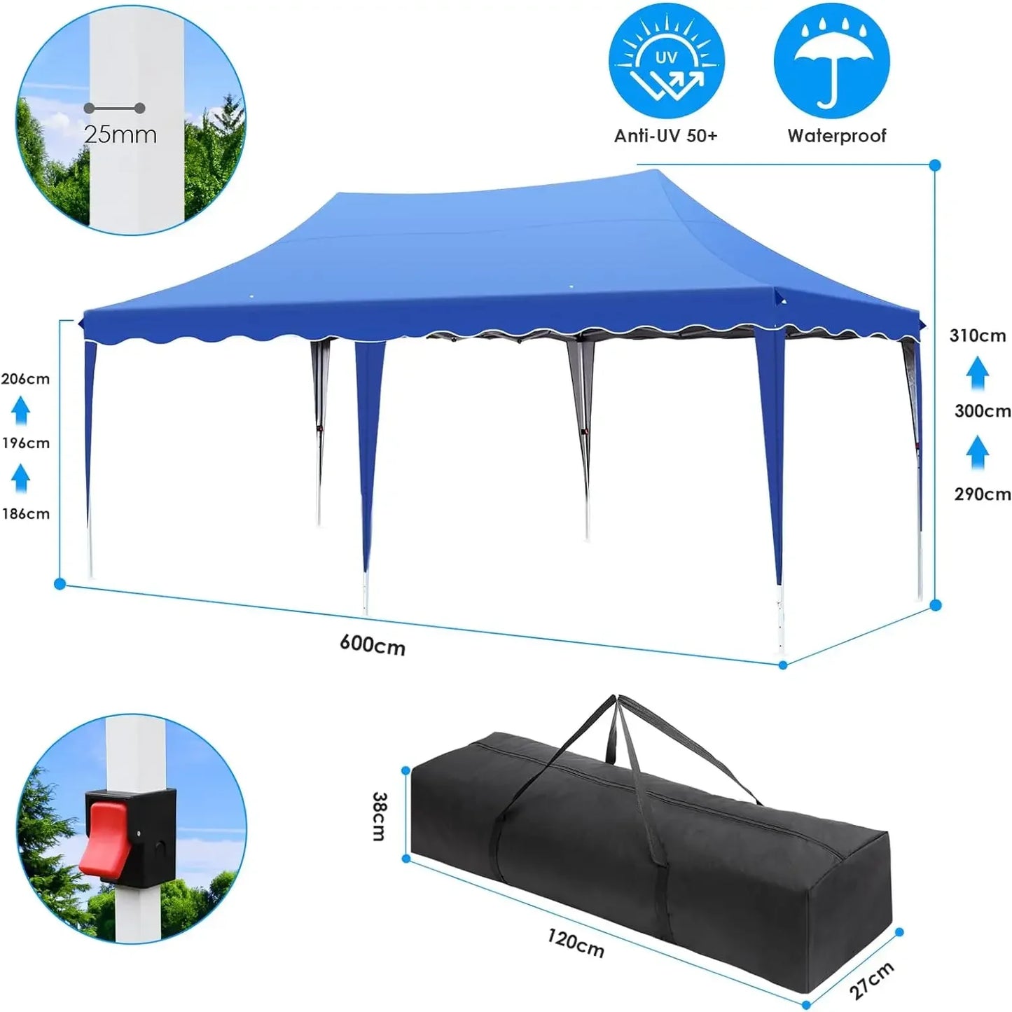 Partytent - Partytenten - Tuinpaviljoen - Paviljoen - Easy up Partytent - 3x6m - Waterdicht - met Zijwanden - UV50+ Bescherming en Zandzakken – In Hoogte Verstelbaar - Donkergrijs
