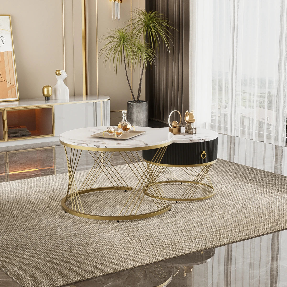 Koffietafel Set – Salontafel – Bijzettafel – Woonkamertafel – Modulaire Tafels – Marmerlook Blad – Gouden Accenten - 78 x 76.5 x 28 cm - Wit & Goud