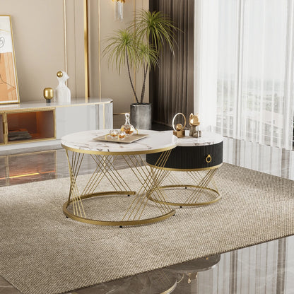Koffietafel Set – Salontafel – Bijzettafel – Woonkamertafel – Modulaire Tafels – Marmerlook Blad – Gouden Accenten - 78 x 76.5 x 28 cm - Wit & Goud