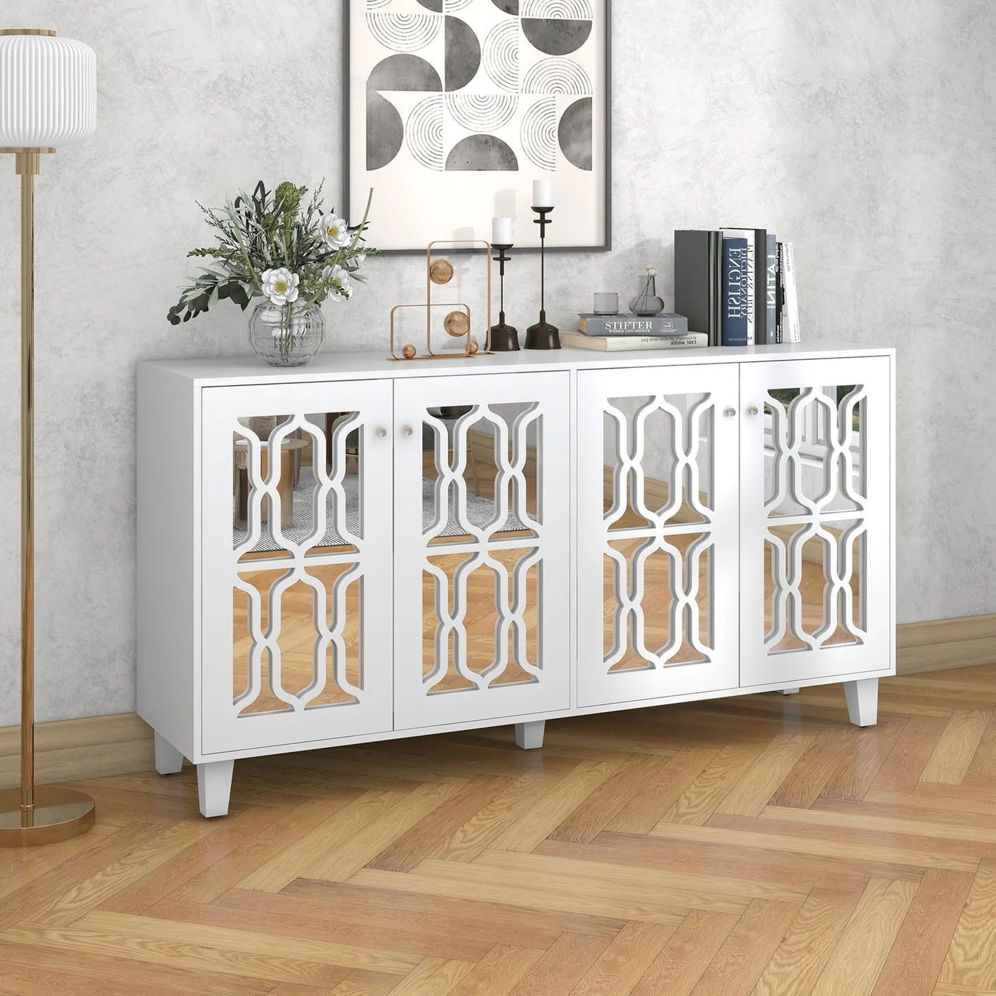 Modern Minimalist Sideboard With 4 Door, Storage Cabinets, Lockers For Dining Room Living Room Kitchen, 160x40x84cm White
