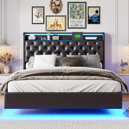 Rosahqnda Polsterbett, Doppelbett mit USB-Ladefunktion, LED-Beleuchtung, Kopfteil mit Stauraum,Versteckte Bettfüße, Leder-Finish