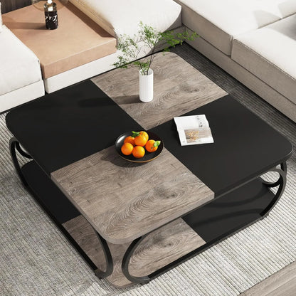 Koffietafel – Salontafel – Bijzettafel – Woonkamertafel – Dubbel Blad – Met Opbergruimte – Met Verstelbare Voetjes - 100 x 100 x 50 cm - Zwart Rustiek Grijs