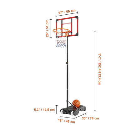 Basketbalstandaard - Basketbalpaal - Basketbalring - 5-7ft - voor Tiener - Volwassene - In Hoogte Verstelbaar - Draagbare - met Wielen - Standaard Invulbare - voor Buiten - Tuin - Achtertuin - Basketbalveld - QUORE