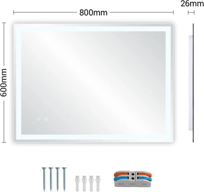 Badkamerspiegel - Spiegel - Wandspiegel - LED - 80x60cm - Vierkant Design met Verlichting – Anti-condens & Dimbaar – Wandmontage
