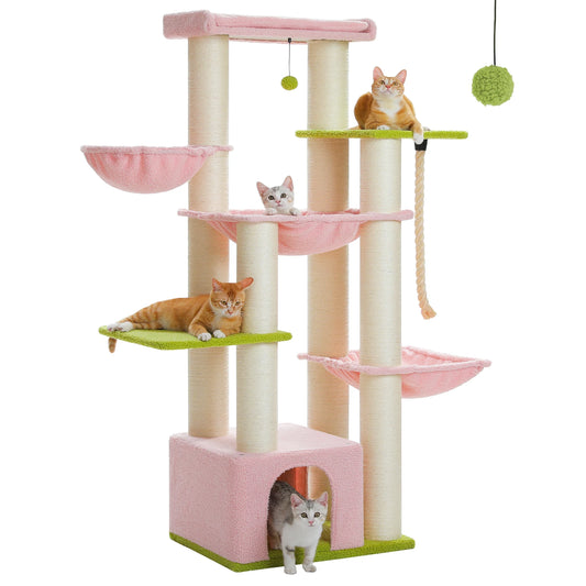 Kattenboom - voor Grote Binnenkatten – Krabpaal - Hoog Kattenmeubel - met Sisal Krabpalen - Condo Hangmat - Meerdere Verdiepingen – Arbre a Chat - met Pluche Perch Speelbal - 170cm - Roze