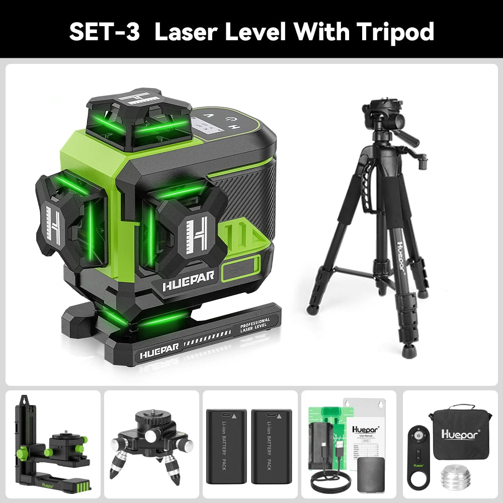 Huepar 4D 16 Lines Cross Line Laser Level Z04CG LCD Screen Bluetooth & Remote Control Osram Green Beam With 2x Li-ion Batteries