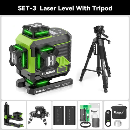 Huepar 4D 16 Lines Cross Line Laser Level Z04CG LCD Screen Bluetooth & Remote Control Osram Green Beam With 2x Li-ion Batteries