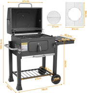 Charcoal BBQ Grill - Charcoal Barbeque - Barbeque - Smoker Barbeque - BBQ - with Handle and Folding Table - for Outdoor Patio, Garden and Backyard Grilling, Camping - Black