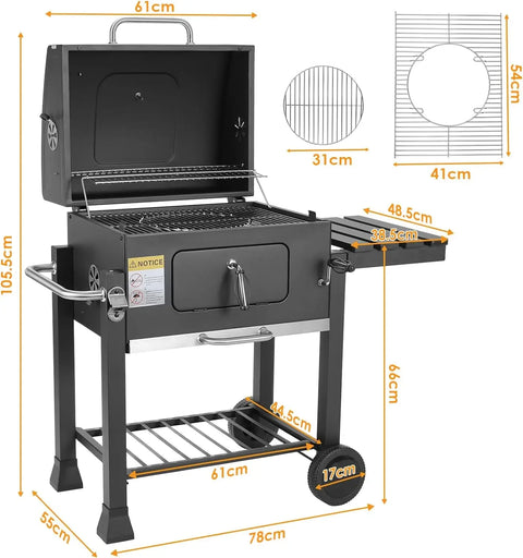 Charcoal BBQ Grill - Charcoal Barbeque - Barbeque - Smoker Barbeque - BBQ - with Handle and Folding Table - for Outdoor Patio, Garden and Backyard Grilling, Camping - Black