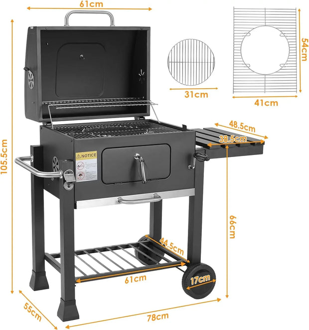 Charcoal BBQ Grill - Charcoal Barbeque - Barbeque - Smoker Barbeque - BBQ - with Handle and Folding Table - for Outdoor Patio, Garden and Backyard Grilling, Camping - Black